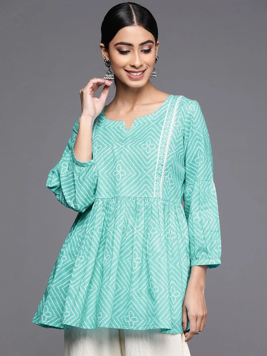 Turquoise Blue Printed Cotton A-Line Kurti - Jashvi