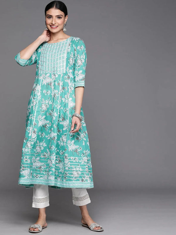 Turquoise Blue Printed Cotton Kurta - Jashvi