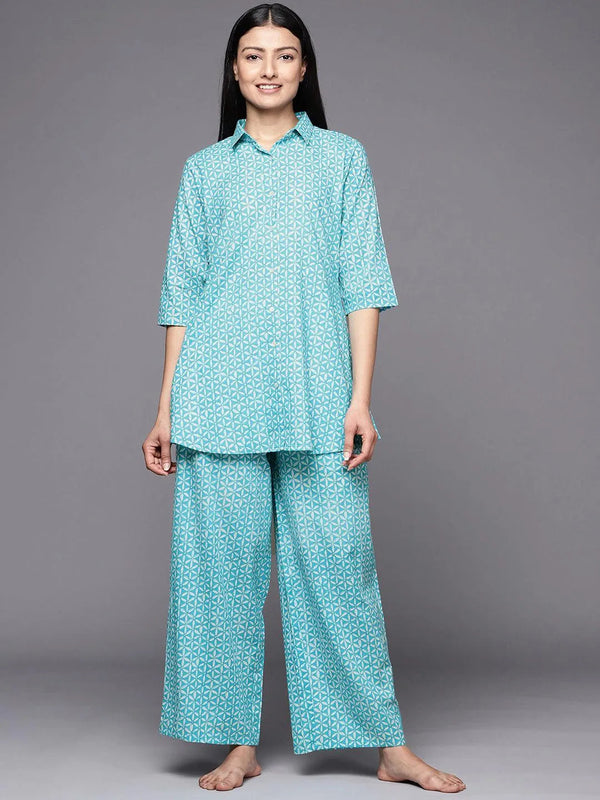 Turquoise Blue Printed Cotton Night Suit - Jashvi