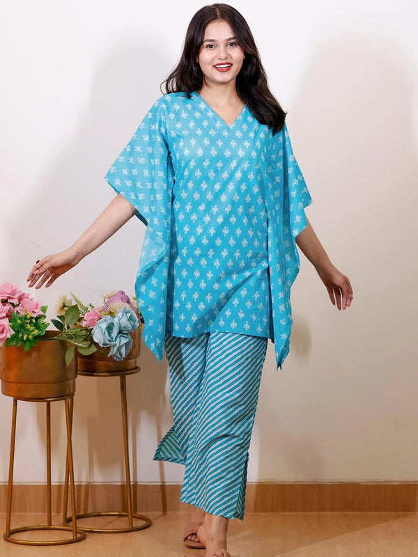 Turquoise Blue Printed Cotton Night Suit - Jashvi