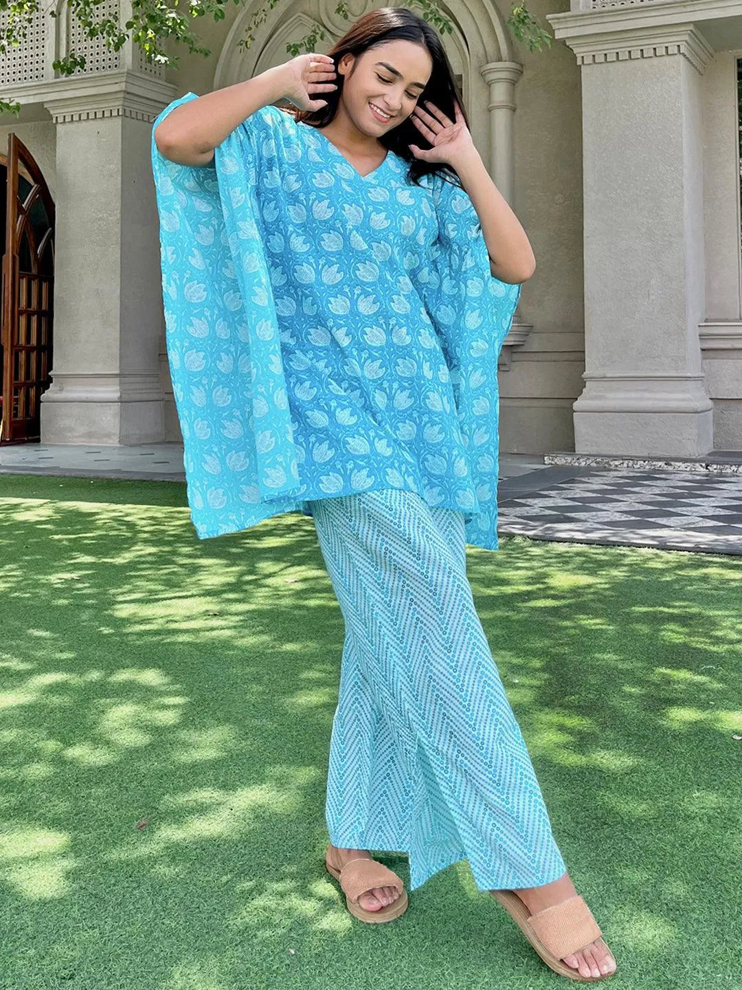 Turquoise Blue Printed Cotton Night Suit - Jashvi