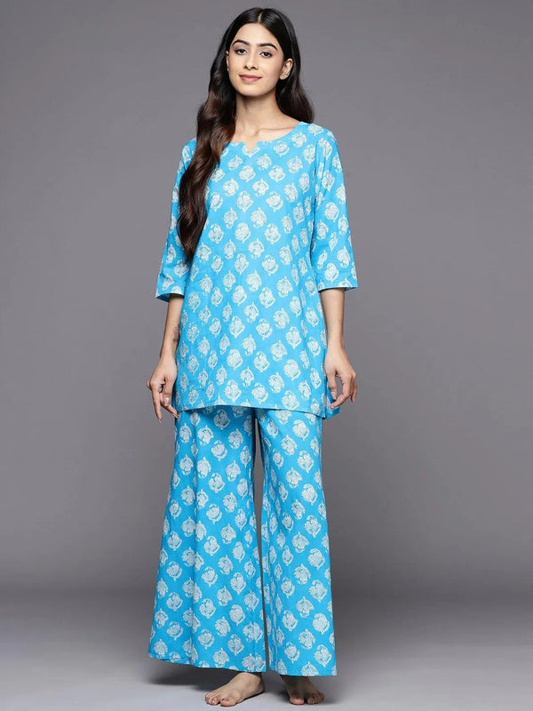 Turquoise Blue Printed Cotton Night Suit - Jashvi