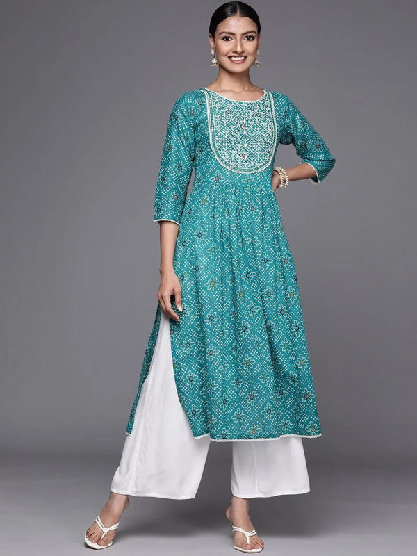 Turquoise Blue Printed Cotton Straight Kurta - Jashvi