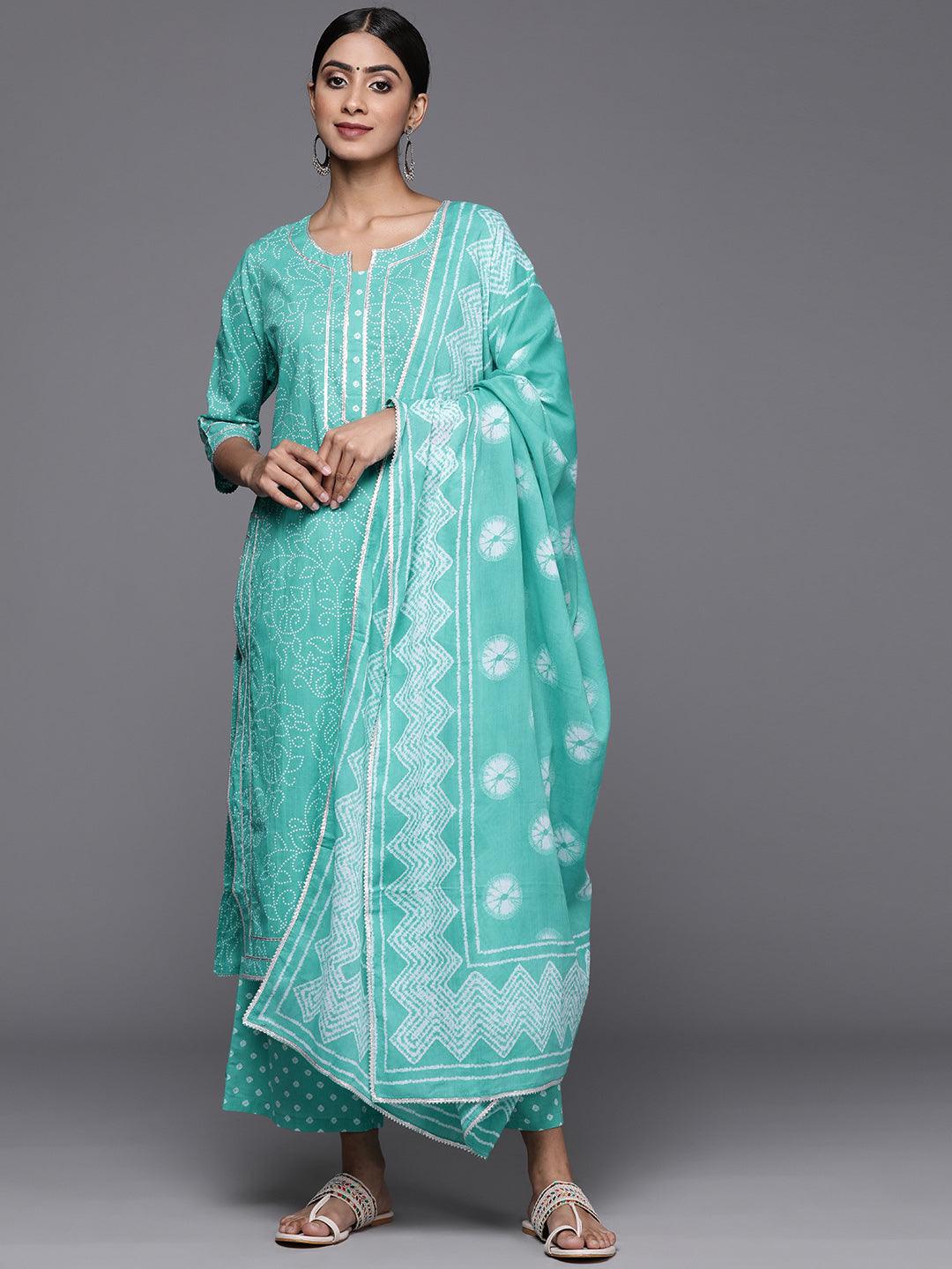 Turquoise Blue Printed Cotton Straight Kurta With Palazzos & Dupatta - Jashvi