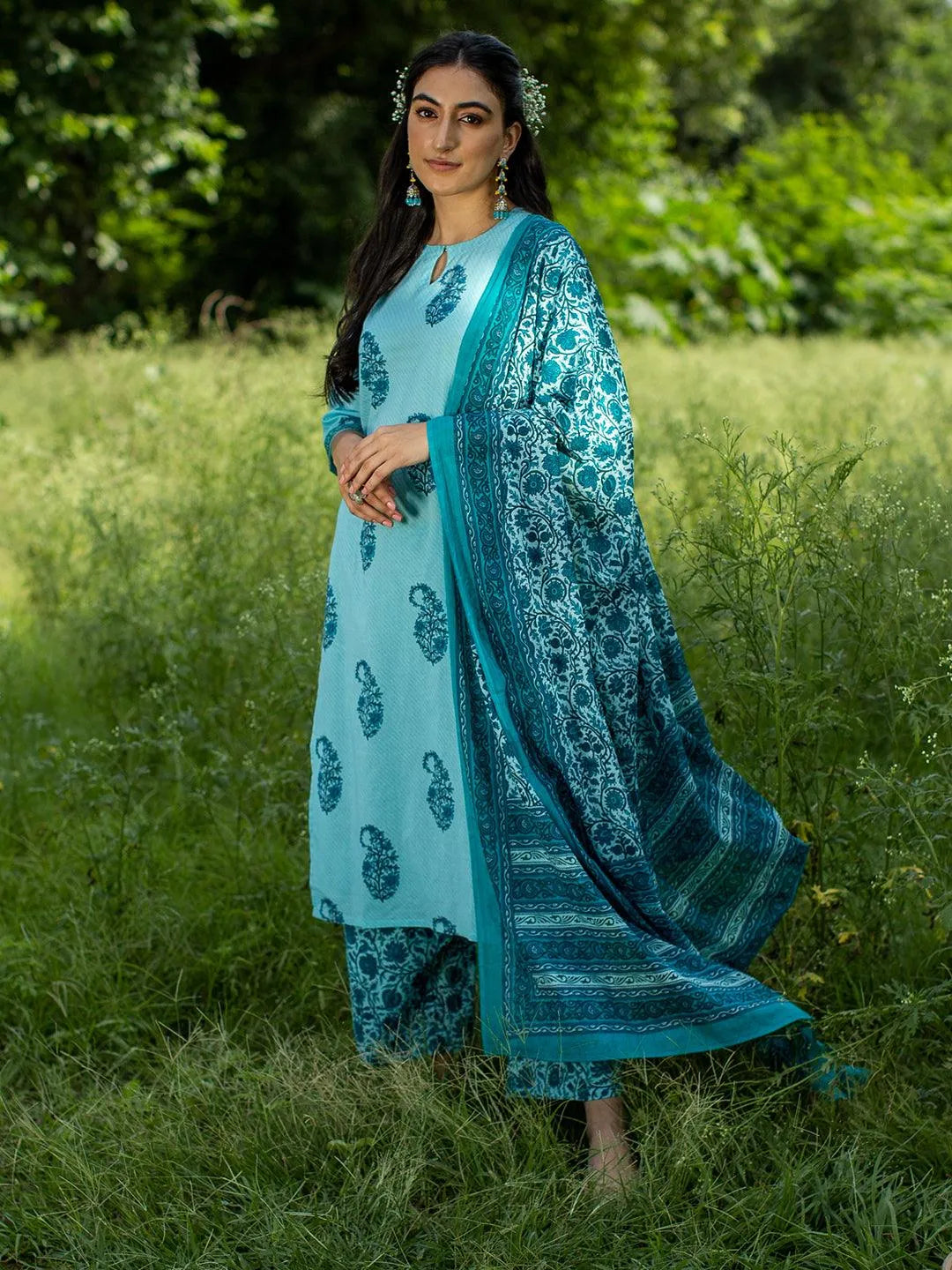 Turquoise Blue Printed Cotton Suit Set - Jashvi