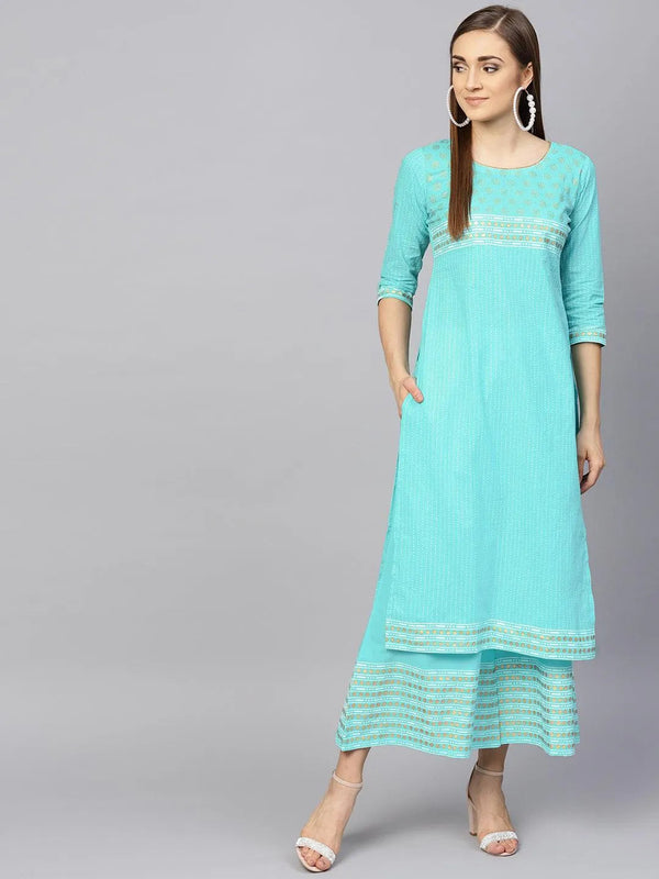 Turquoise Blue Printed Cotton Kurta Set - Jashvi