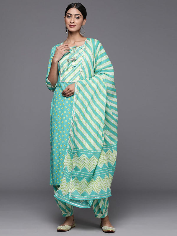 Turquoise Blue Printed Cotton Straight Kurta With Salwar & Dupatta - Jashvi