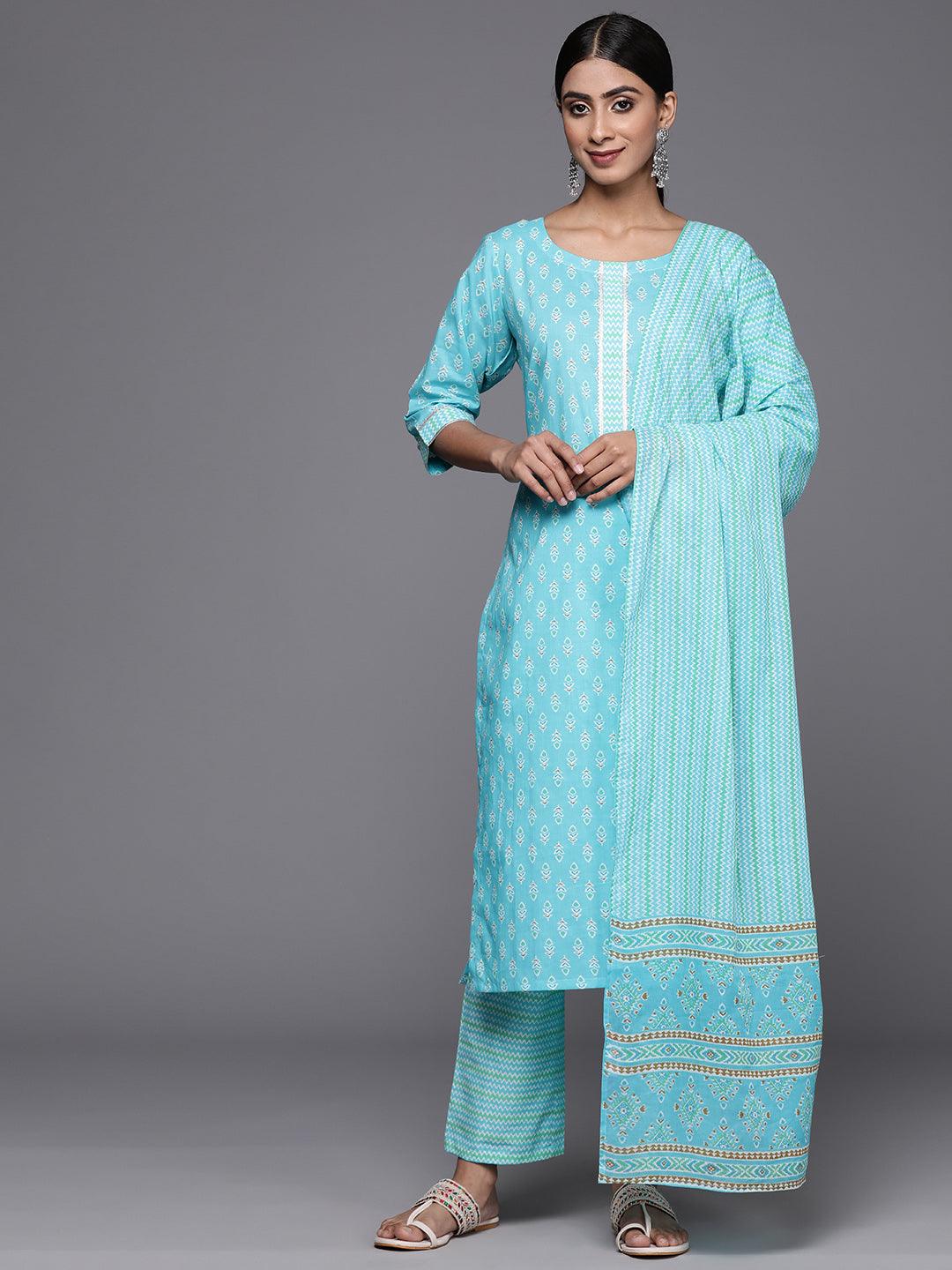 Turquoise Blue Printed Cotton Straight Kurta With Trousers & Dupatta - Jashvi