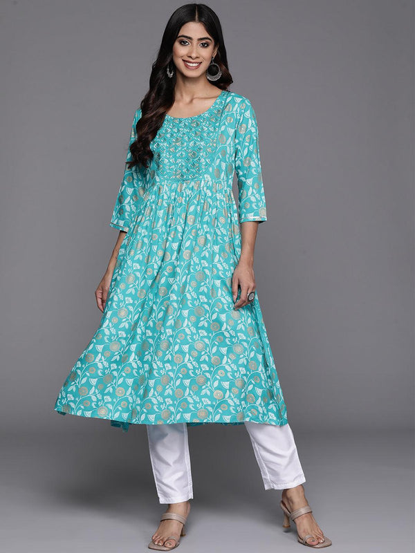 Turquoise Blue Printed Rayon A-Line Kurta - Jashvi