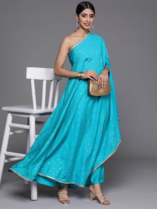 Turquoise Blue Printed Silk Blend Kaftan Kurta With Trousers - Jashvi