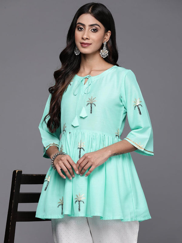 Turquoise Blue Printed Silk Blend Kurti - Jashvi