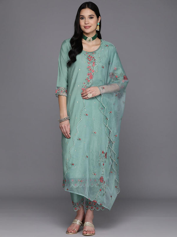 Turquoise Blue Printed Silk Blend Straight Kurta With Trousers & Dupatta - Jashvi