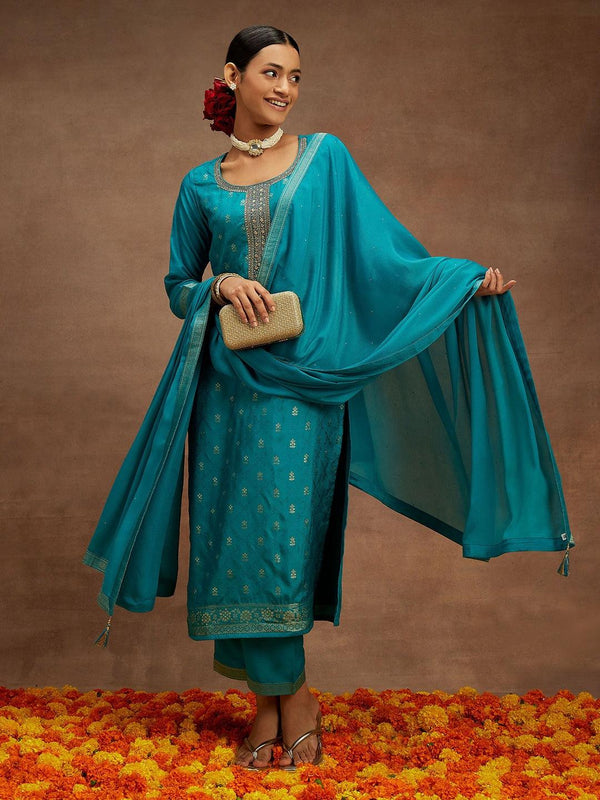 Turquoise Blue Printed Silk Blend Straight Kurta With Trousers & Dupatta - Jashvi