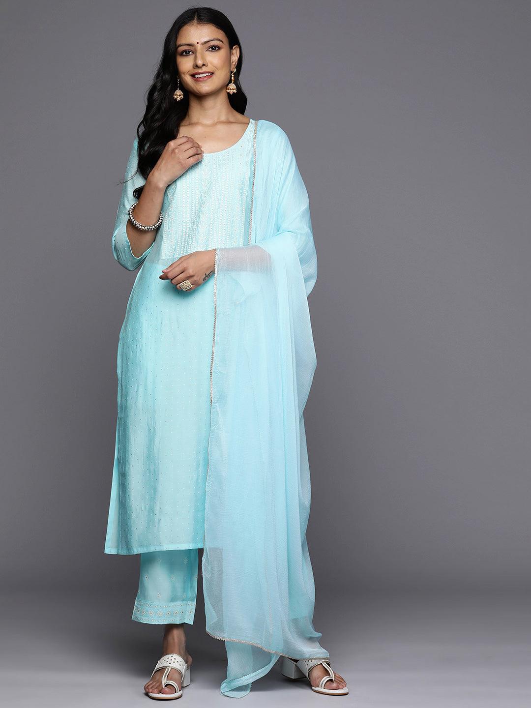 Turquoise Blue Printed Silk Blend Straight Kurta With Trousers & Dupatta - Jashvi