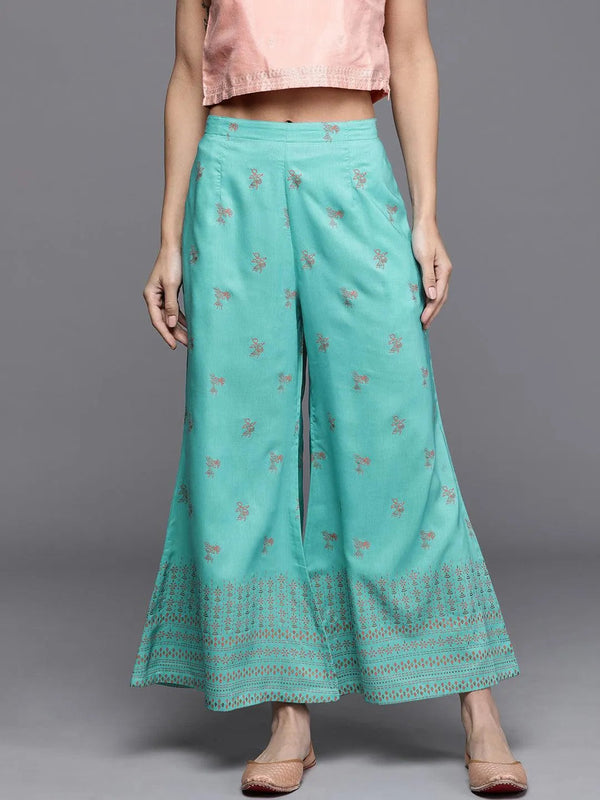 Turquoise Blue Printed Silk Palazzos - Jashvi