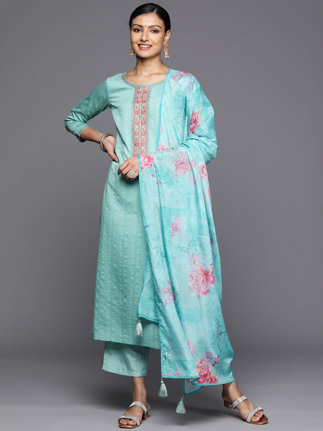 Turquoise Blue Self Design Rayon Straight Kurta With Trousers & Dupatta - Jashvi