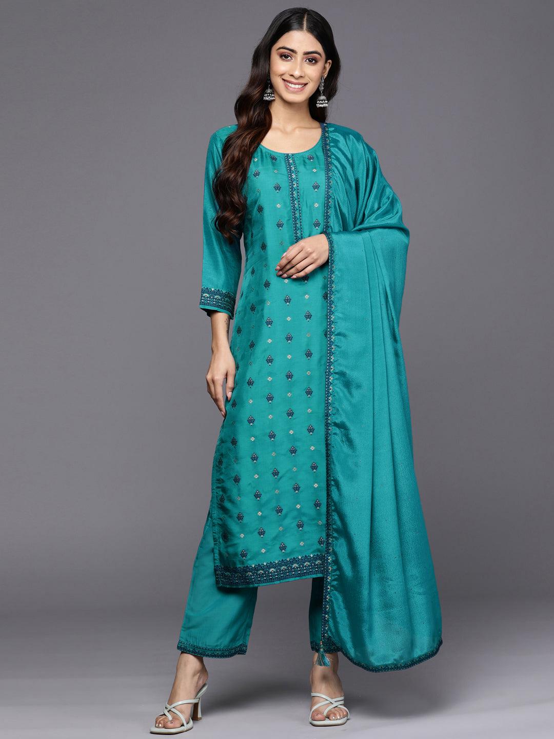 Turquoise Blue Self Design Silk Blend Straight Suit Set With Trousers - Jashvi