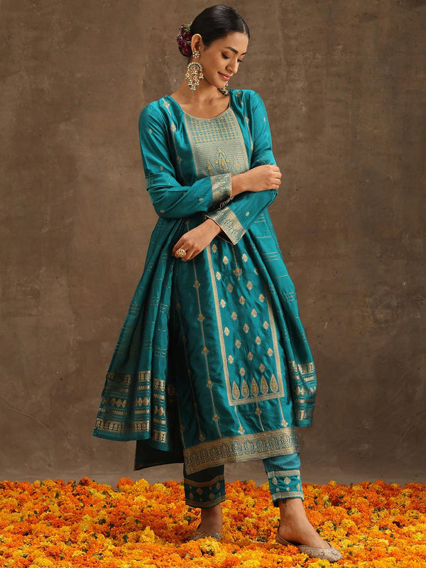 Turquoise Blue Woven Design Silk Blend Straight Suit Set With Trousers - Jashvi