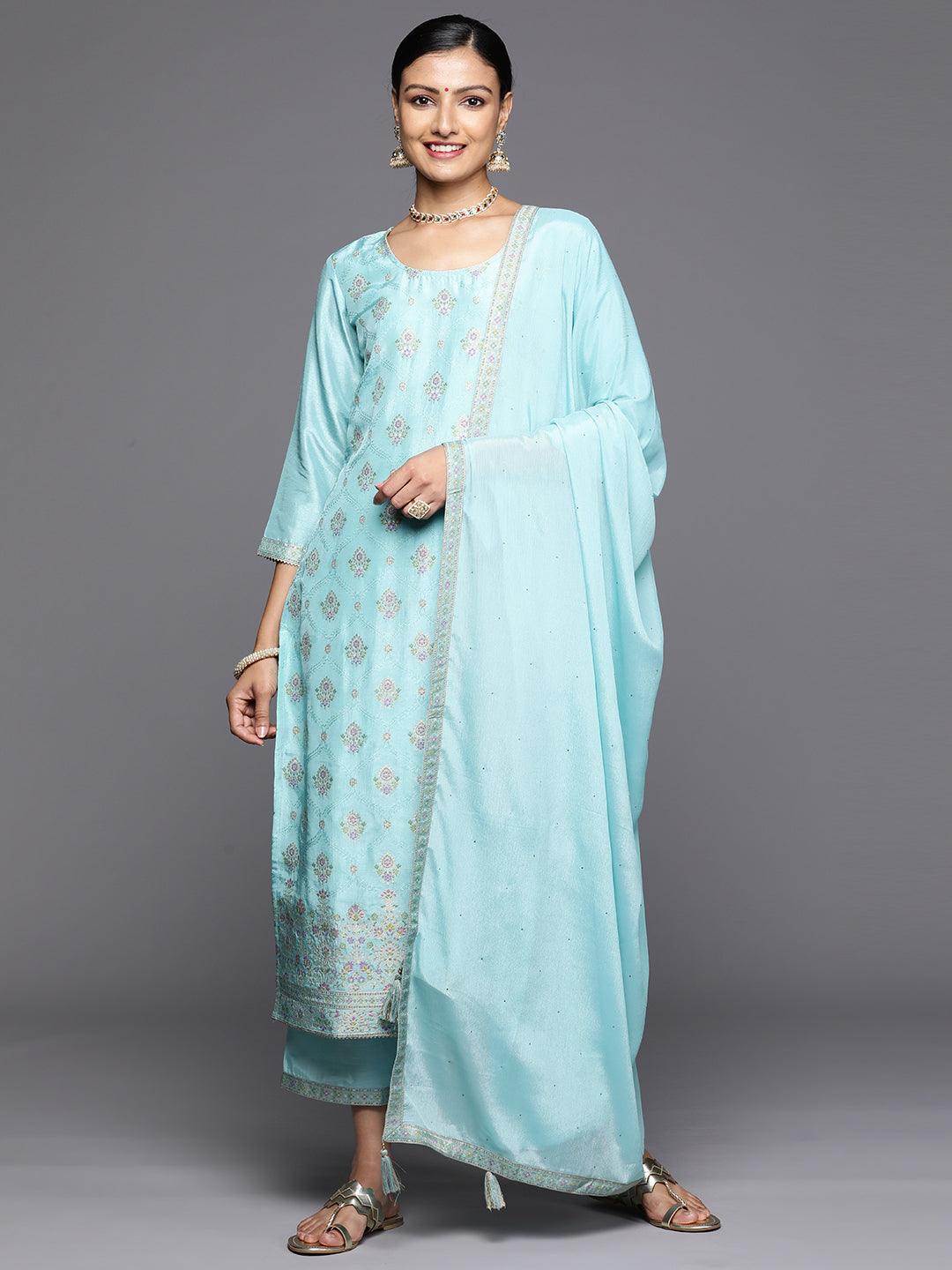 Turquoise Blue Woven Design Silk Blend Straight Kurta With Trousers & Dupatta - Jashvi