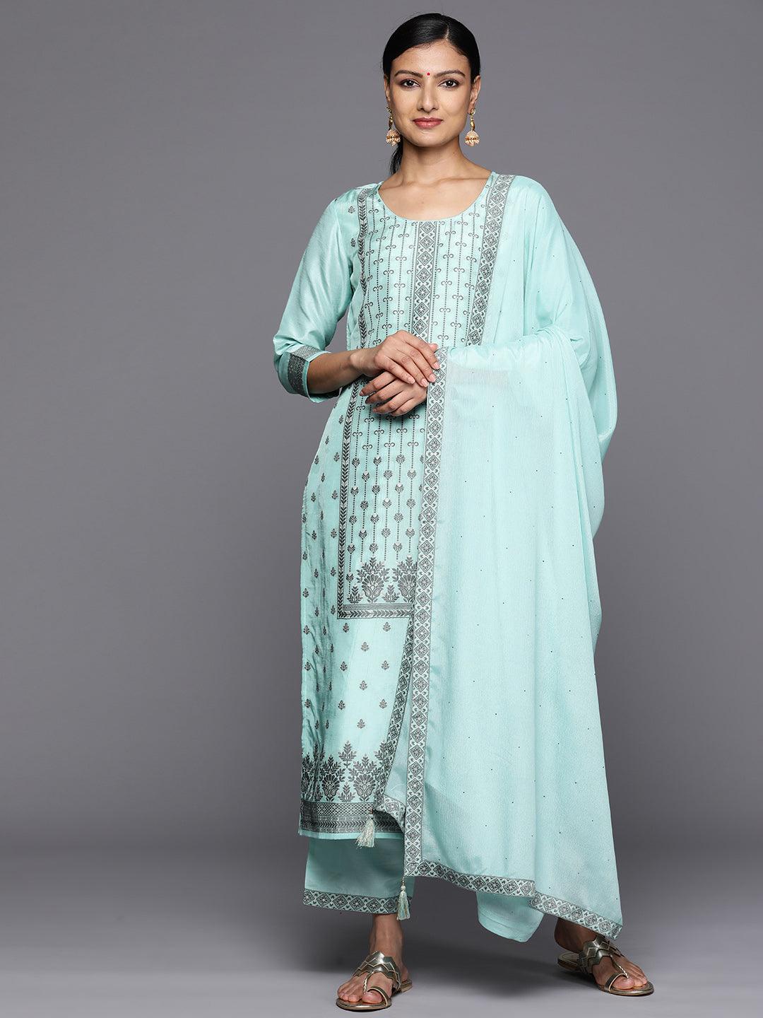 Turquoise Blue Woven Design Silk Blend Straight Kurta With Trousers & Dupatta - Jashvi