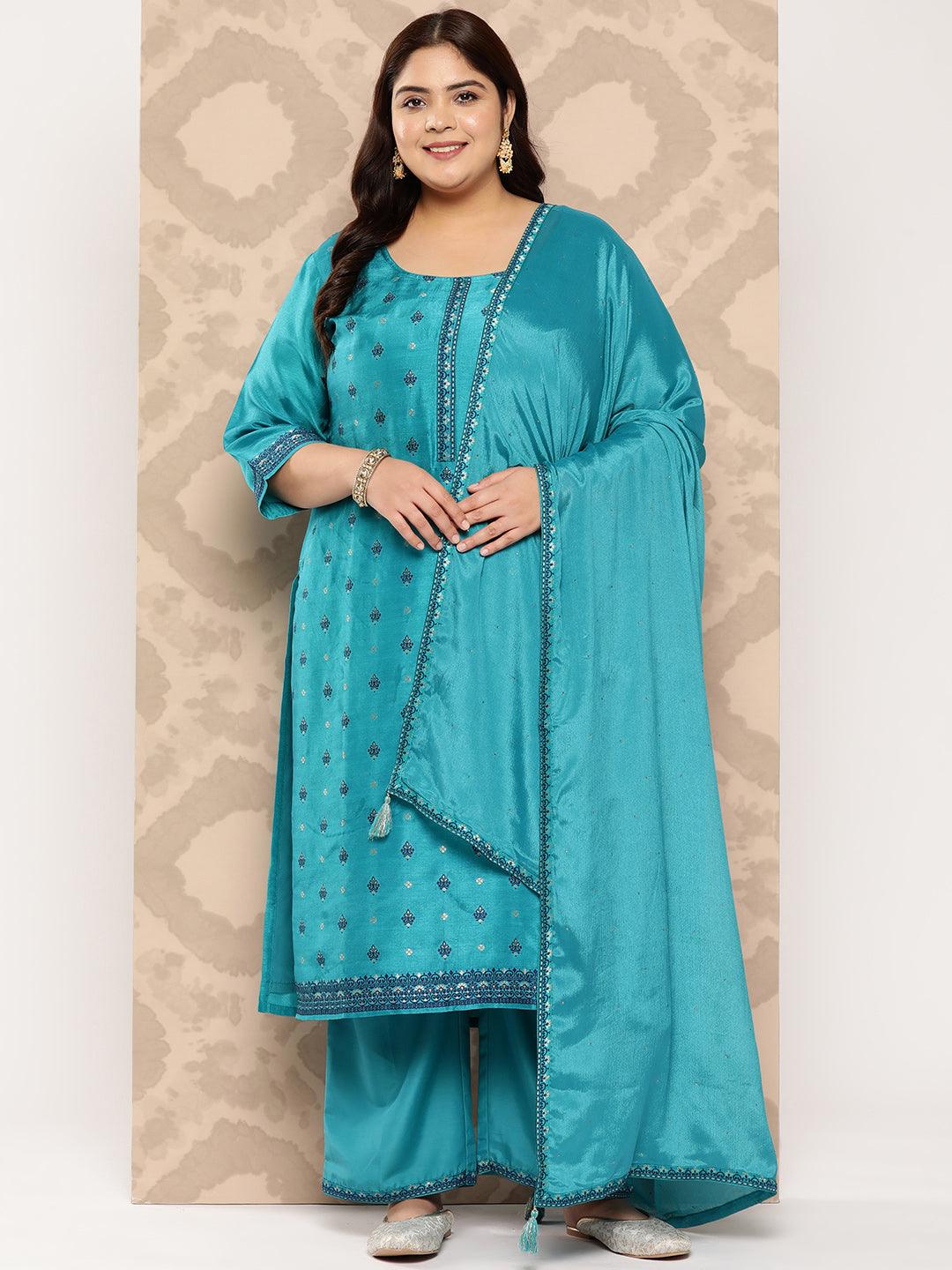 Turquoise Blue Woven Design Silk Blend Straight Kurta With Trousers and Dupatta - Jashvi