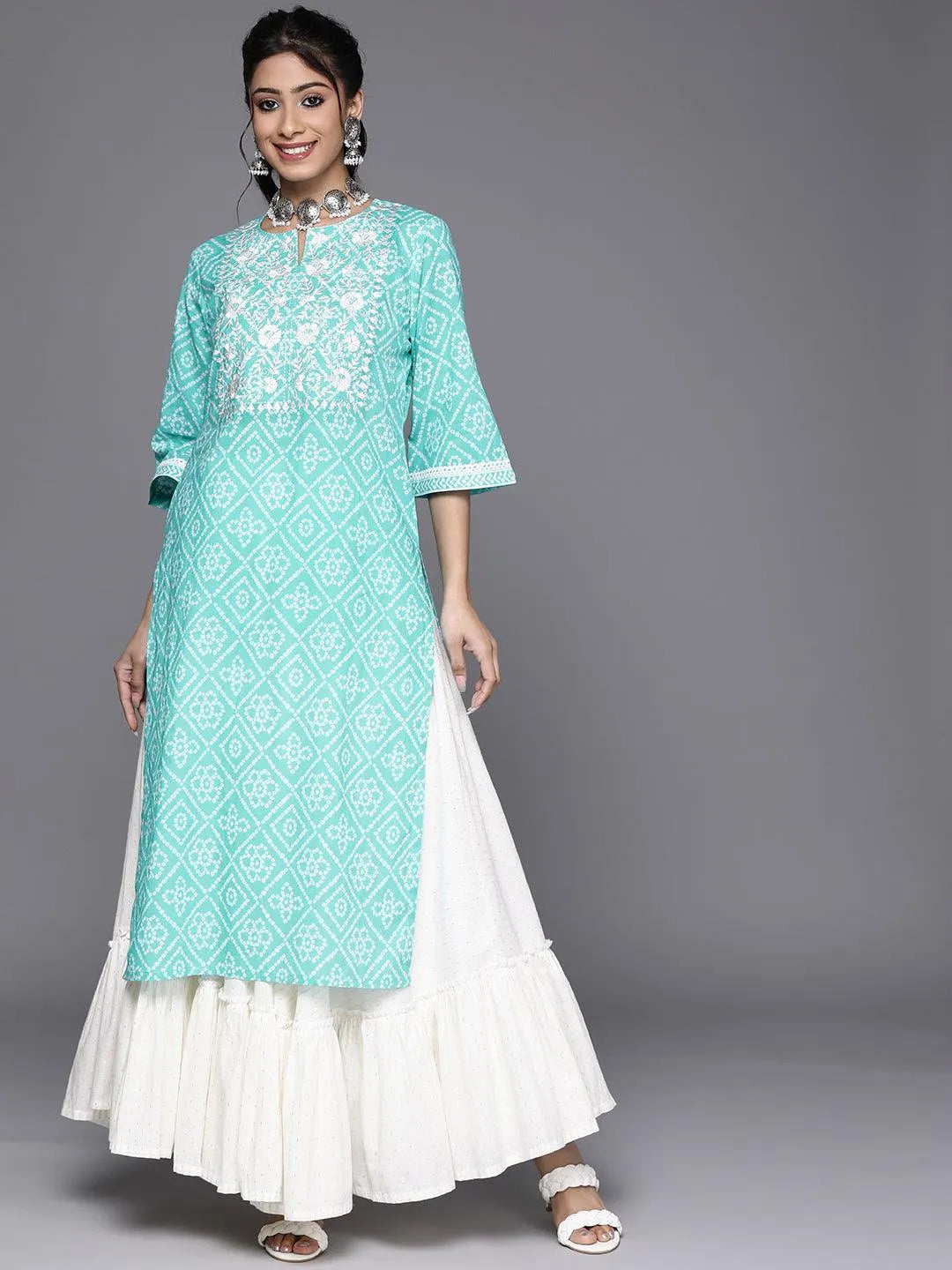 Turquoise Blue Yoke Design Cotton Kurta - Jashvi