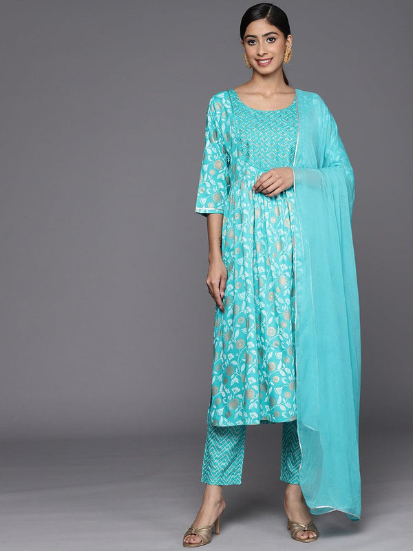 Turquoise Blue Yoke Design Rayon A-Line Suit Set With Trousers - Jashvi