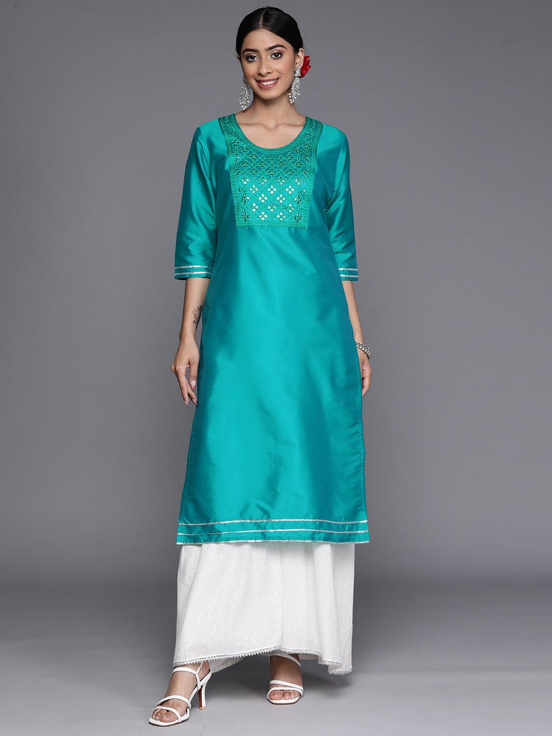 Turquoise Blue Yoke Design Silk Straight Kurta - Jashvi