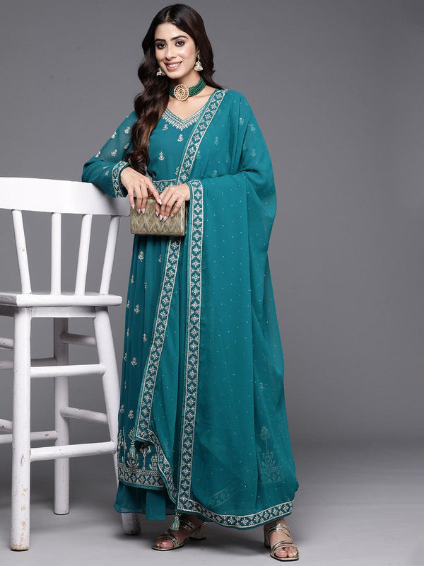 Turquoise Embroidered Georgette A-Line Kurta With Palazzos & Dupatta - Jashvi