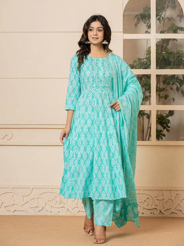 Turquoise Embroidered Pure Cotton Anarkali Kurta Trouser With Dupatta Set