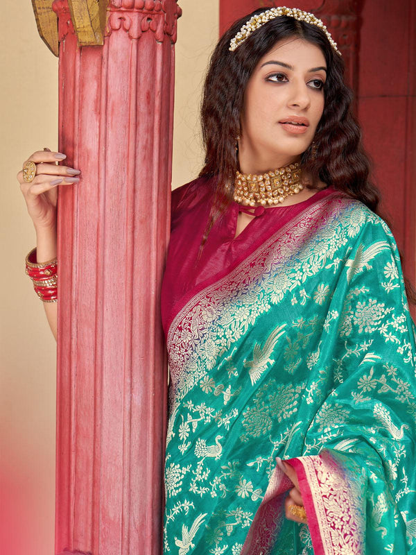 Women's Turquoise Silk Organza Heavy Designer Saree - Odette