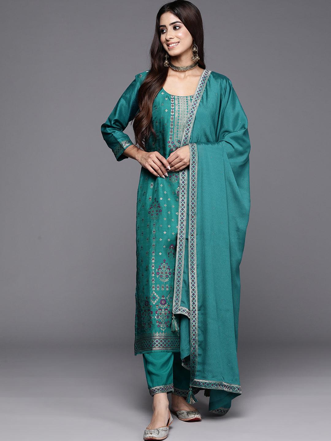 Turquoise Woven Design Silk Blend Straight Kurta With Trousers & Dupatta - Jashvi