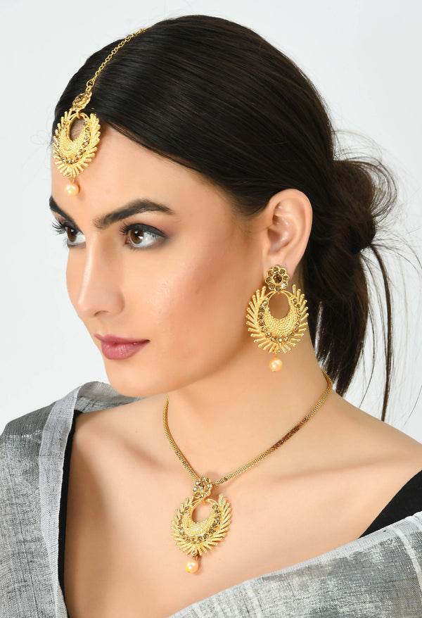 Kamal Johar Gold-Plated Necklace with Earrings & Tikka Mangalsutra Jkms_074