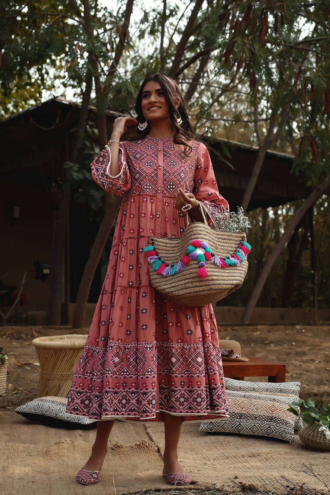 Buy_Women's_Peach_Cambric_Mexican_Print_Tiered_Dress_With_Mask_Online_Indiakreations