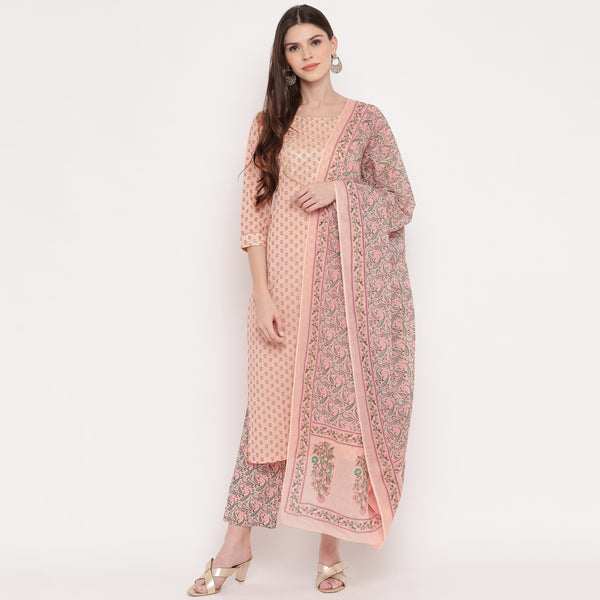 Women's Foil Print & Gota Patti Work Straight Cotton Peach Kurta,Pant & Dupatta  - Vbuyz