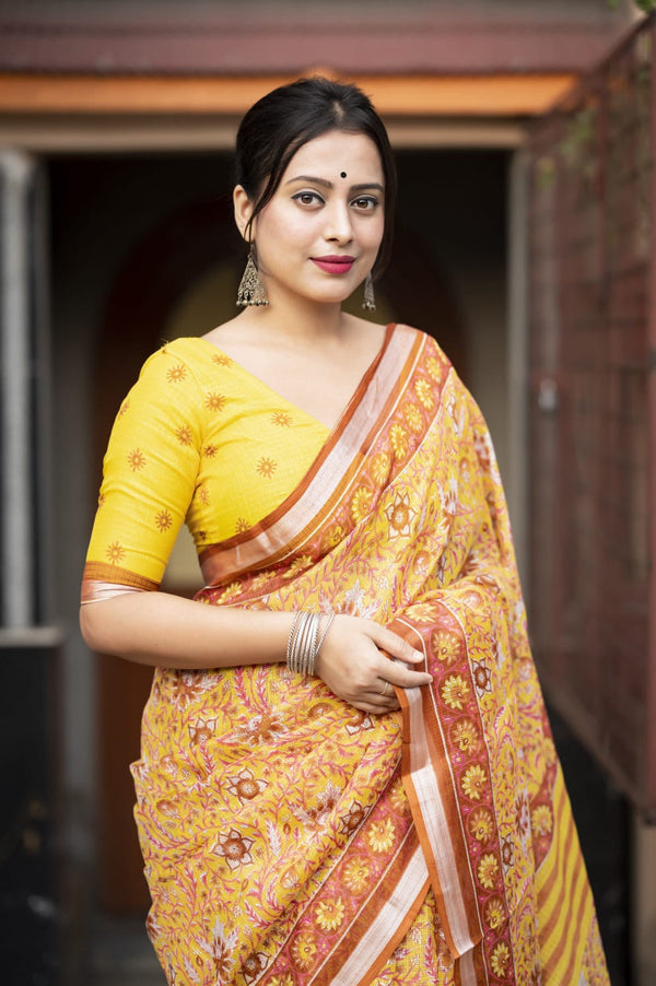 Women's Yellow Kota Silk Zari Printed Saree - A2M