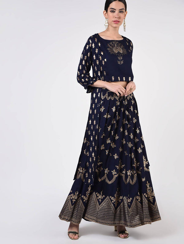 Women's Navy Blue Viscose Rayon Crop Top & Skirt With Shrug (3 Pcs Set) - Cheera