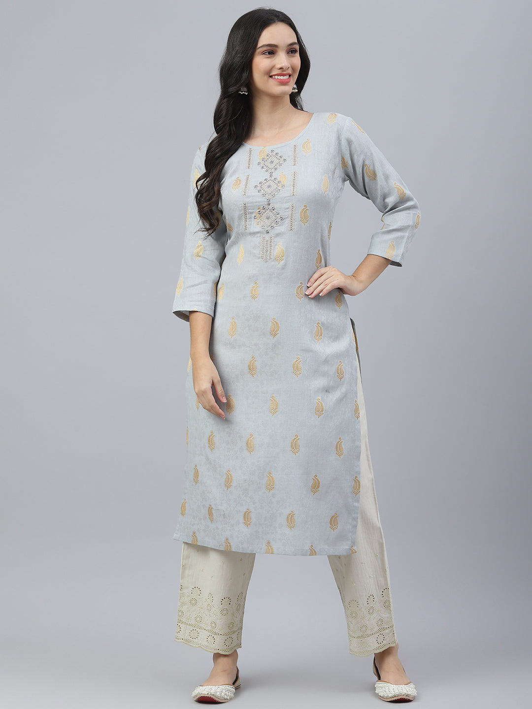 Women's Grey Cotton Hand Embroidered Yoke Straight Kurta - Vaaba