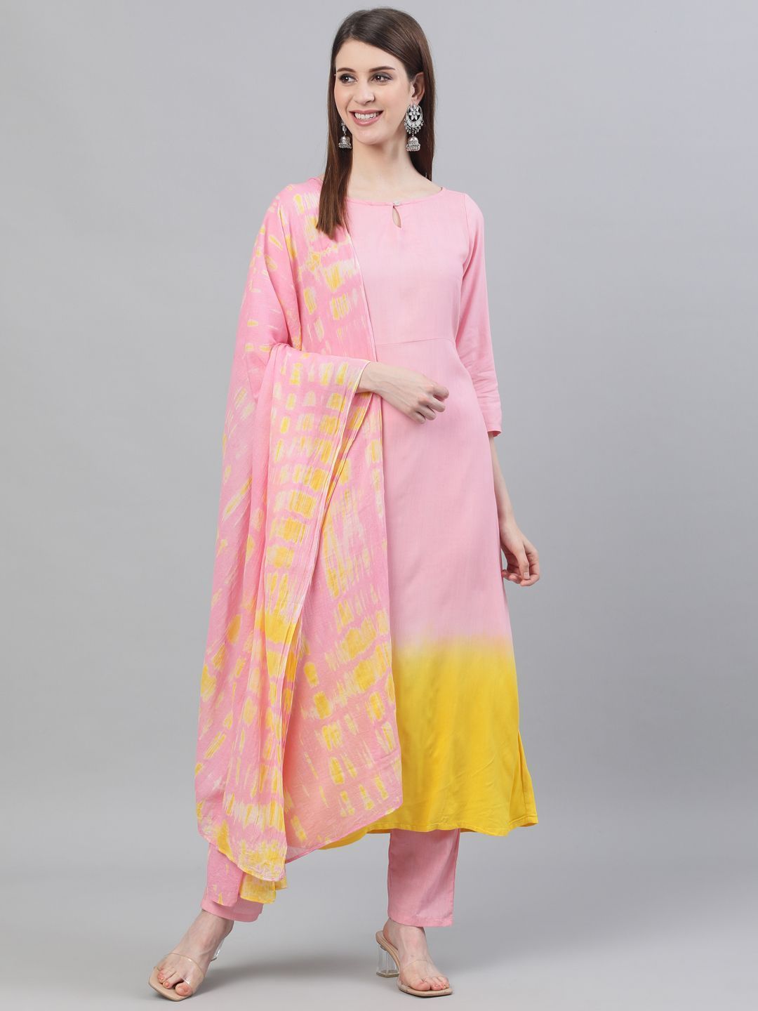 Women's Pink & Yellow Ombre Printed A-Line Kurta With Pant & Dupatta Set - AKS