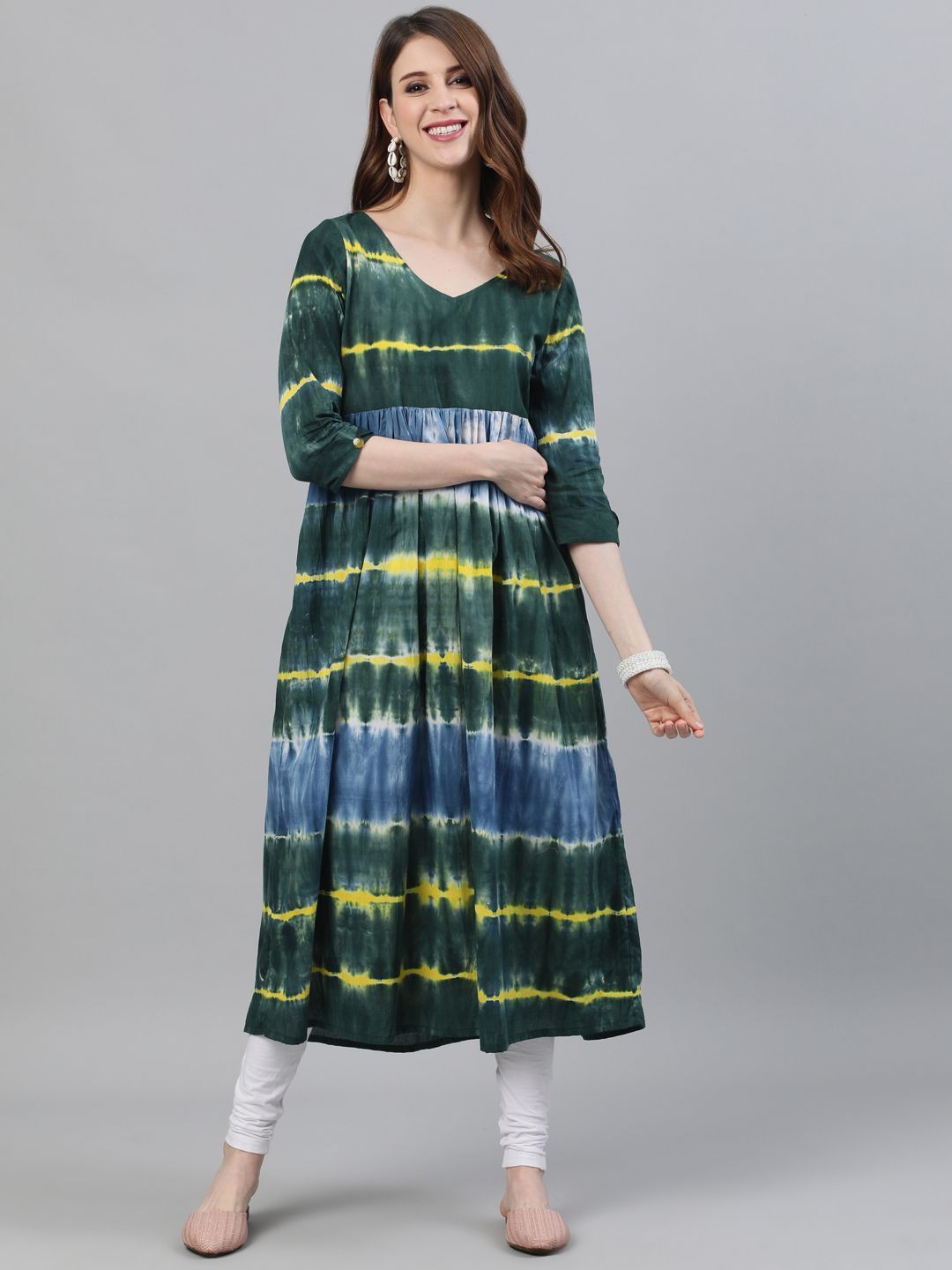 Women's Green & Blue Tie & Dye Printed A-Line Kurta - AKS