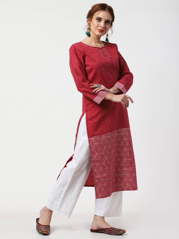 Women's Maroon & White Khadi Cotton Kurta & Chikankari Palazzo Pant Set - Cheera