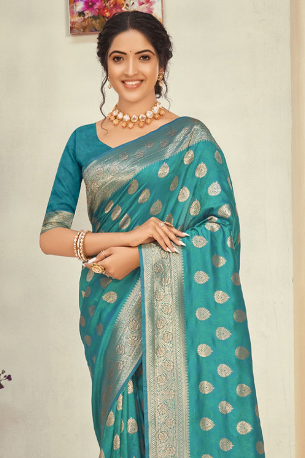 Women's Sky Blue Silk Woven Zari Work Traditional Tassle Saree - Sangam Prints