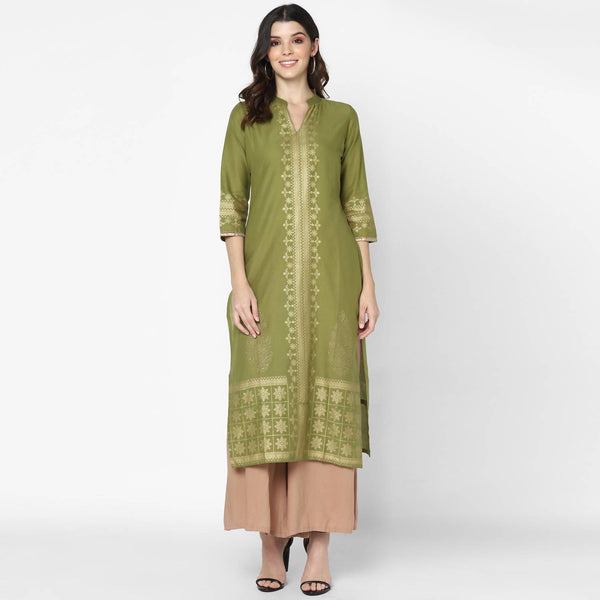 Women's Military & Skin Color Cotton Hand Block Print Straight Kurta With Palazzo Set - Cheera