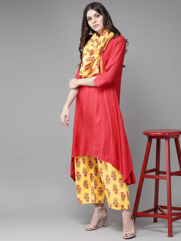 Women's Coral Rayon Slub Solid Kurta With Printed Scarf - Juniper