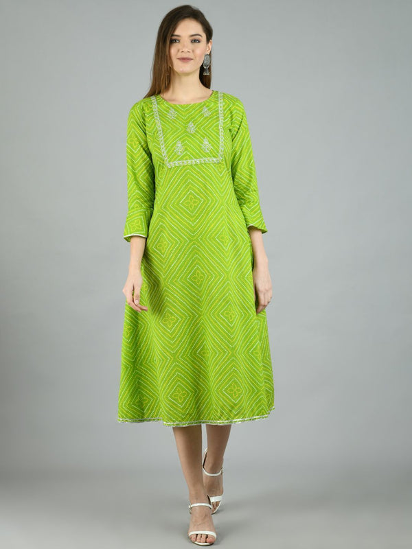 Women's Green Cotton Printed 3/4 Sleeve Round Neck Casual Dress - Myshka