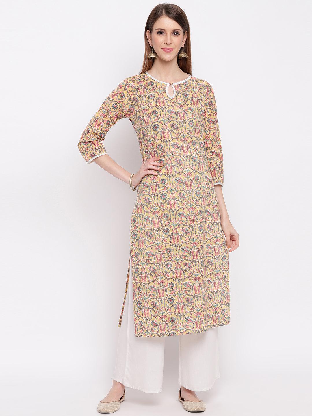 Women's Yellow Floral Print Cotton Kurti By Vbuyz- (1Pc Set)