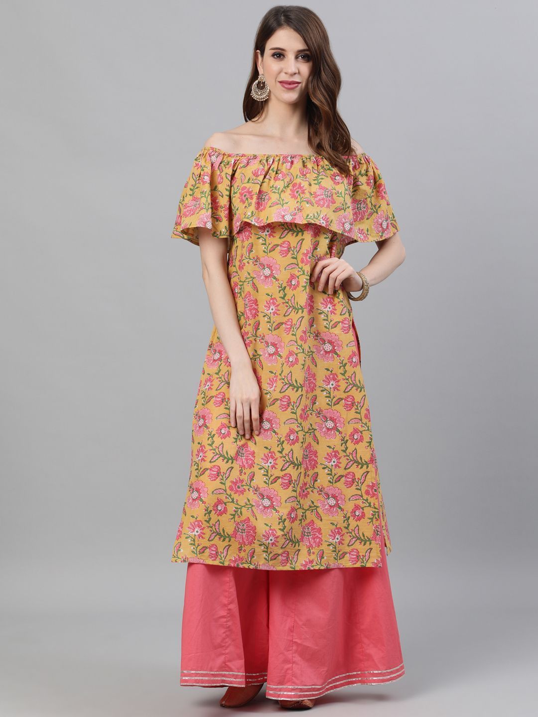 Women's Yellow Floral Printed Off-Shoulder Kurta - AKS