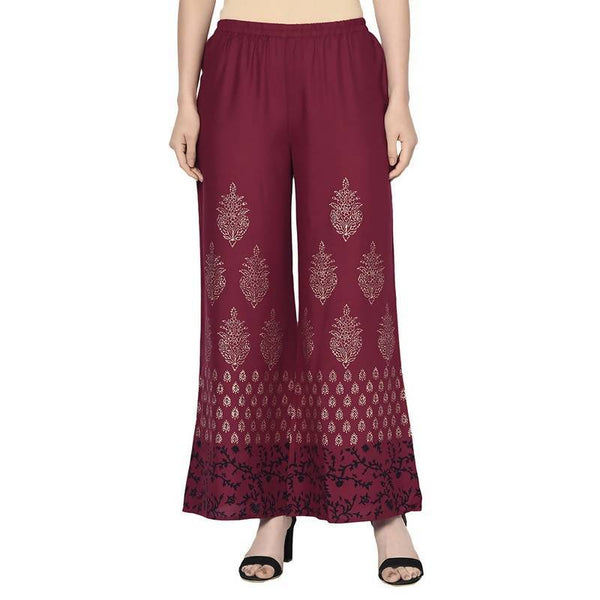 Women's Maroon Rayon Block Print Flared slip-on Palazzo - Aniyah