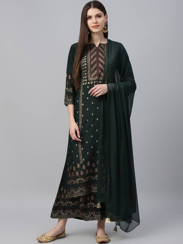 Women's Dark Green Printed Kurta Palazzo With Dupatta Set - Cheera