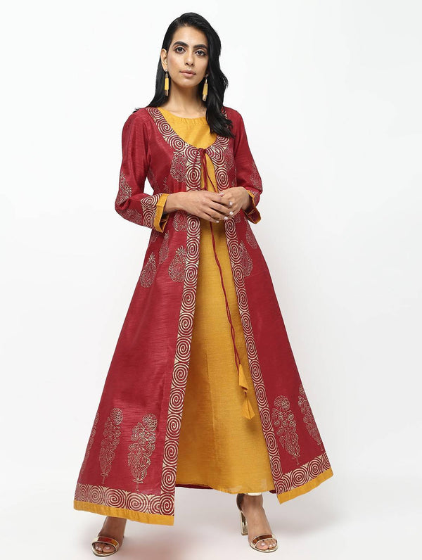 Women's Maroon And Mustard Double Layer Long Anarkali With Beautiful Block Print Design Kurta - Cheera